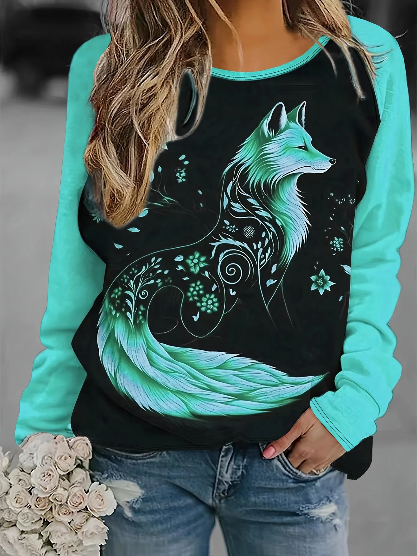 Women\'s 2024 sleeves stitching fox print round neck long sleeve party autumn casual pullover 3d printing casual fashion tops