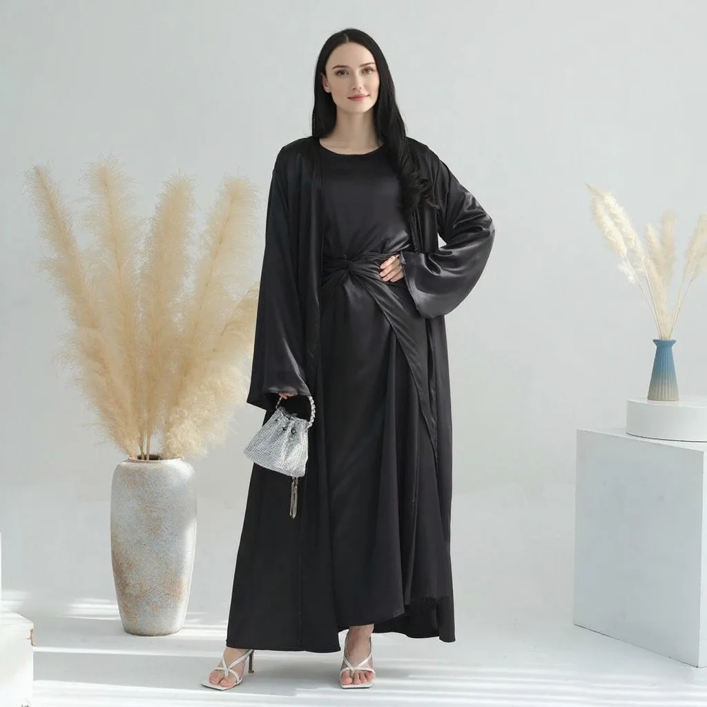 

2025 Oem Summer Women's Elegant Abaya Robe Breathable Ramadan Cotton Muslim Clothing Solid Color Three-piece Suit