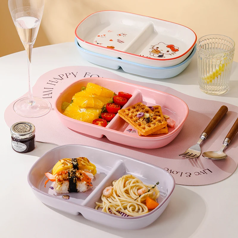 

Sanrio Cute Ceramics Tableware Kuromi Cartoon Creative Two-compartment divided Fruit Plates Household Dining Table Snack Plate