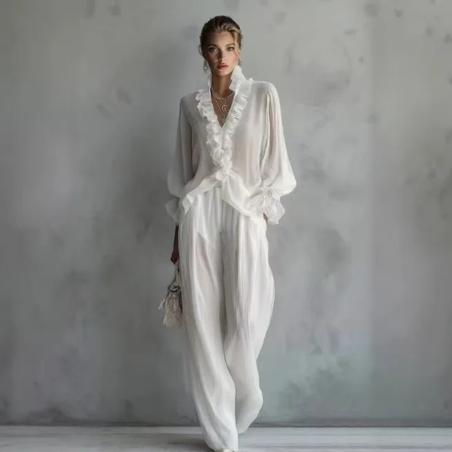 

Woman Solid Ruffles Pants Set Sexy V Neck Long Sleeve Blouse Shirts High Waist Wide Leg Trousers Suit Sets Summer Vacation Set