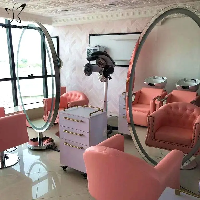 Móveis de salão de beleza dupla face led espelhos de maquiagem estações de estilo estação de espelho de beleza oval metal salão de beleza cuidados de beleza moderno