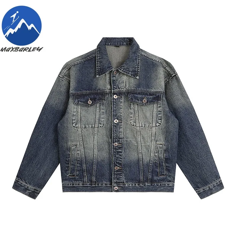 Maxbarley Denim Jacket Men American Street Spring Autumn Trendy Gradient Jackets Premium Man Motorcycle Casual Trend Garment