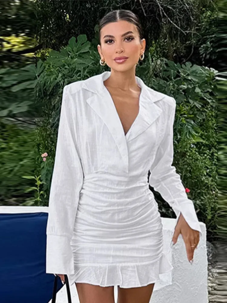 Deep V Neck Ruffled Women Dresses Knotted Ruched High Waist Pleated Short Dress Lady 2025 Chic Long Sleeve Bodycon Mini Vestidos