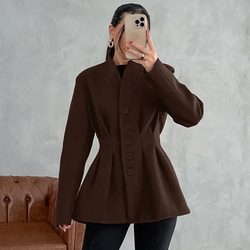 Elegant Brown Wool Blazer Jacket for Women - Retro Style