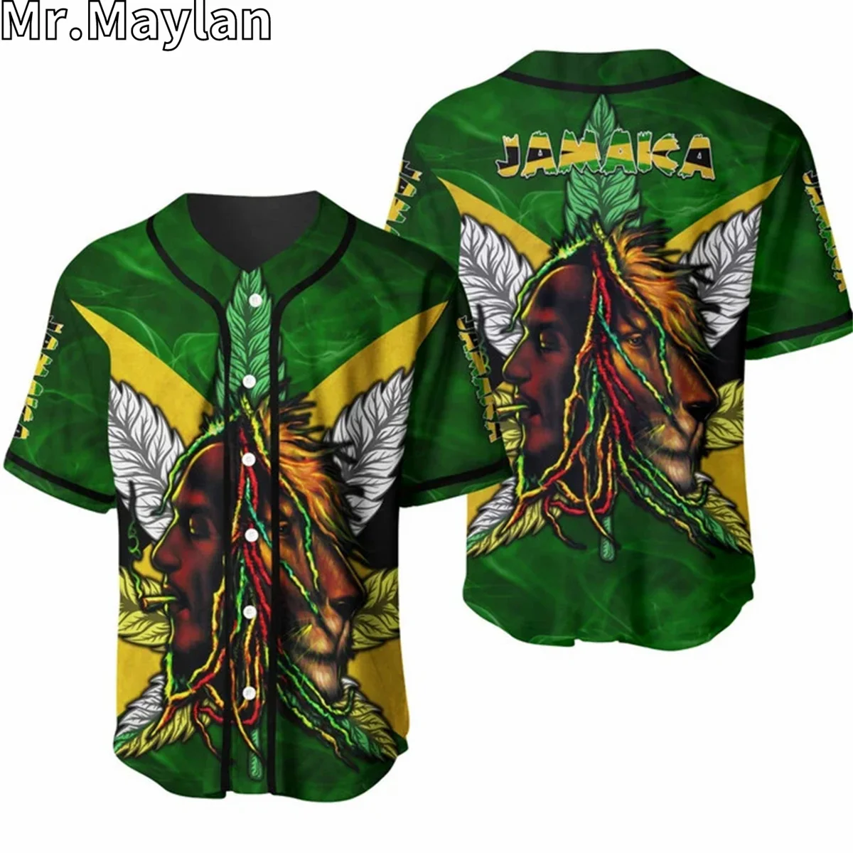 

Jamaica Republic Lion Man Green Baseball Tee Jersey Shirt 3D Printed Reggae Bob Marley Men's Shirt Casual Shirts hip hop Tops