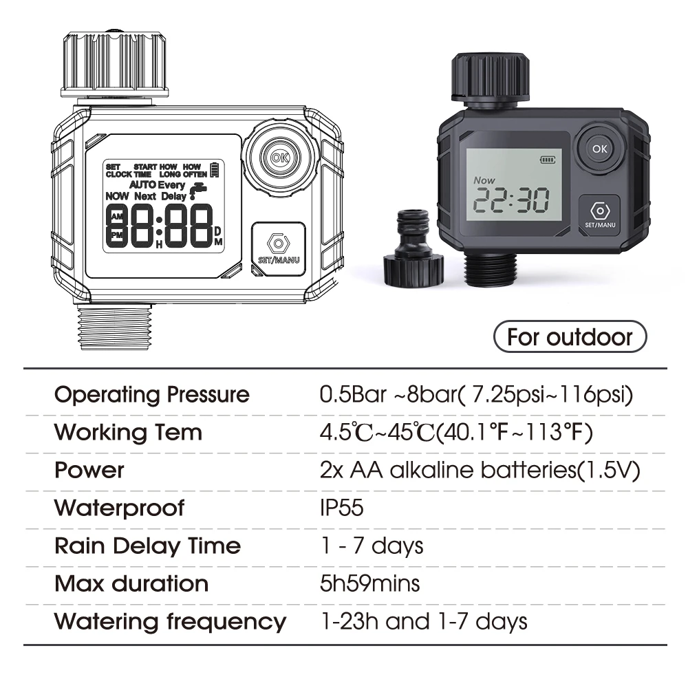 Automatic Garden Water Timer Digital Programmable Controller Hose Sprinkler Irrigation Timer IP55 Waterproof Rain Delay Yard