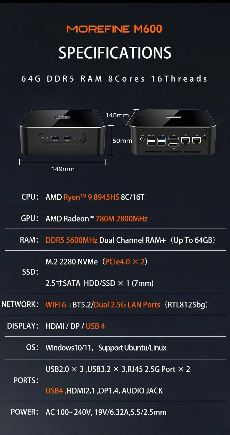 MOREFINE Mini Pc Gamer CPU Ryzen 9 8945HS AMD R7 8845HS R7-8745HS R5-8645HS 2.5G LAN Windows11PRO Desktop Computador Gaming PC