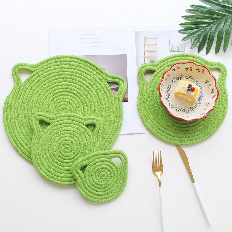 Cat Ear Woven Table Placemat Kitchen Handmade Water Hyacinth Round Braided Mat Heat Resistant Insulation Anti-Skidding Pad Stuff