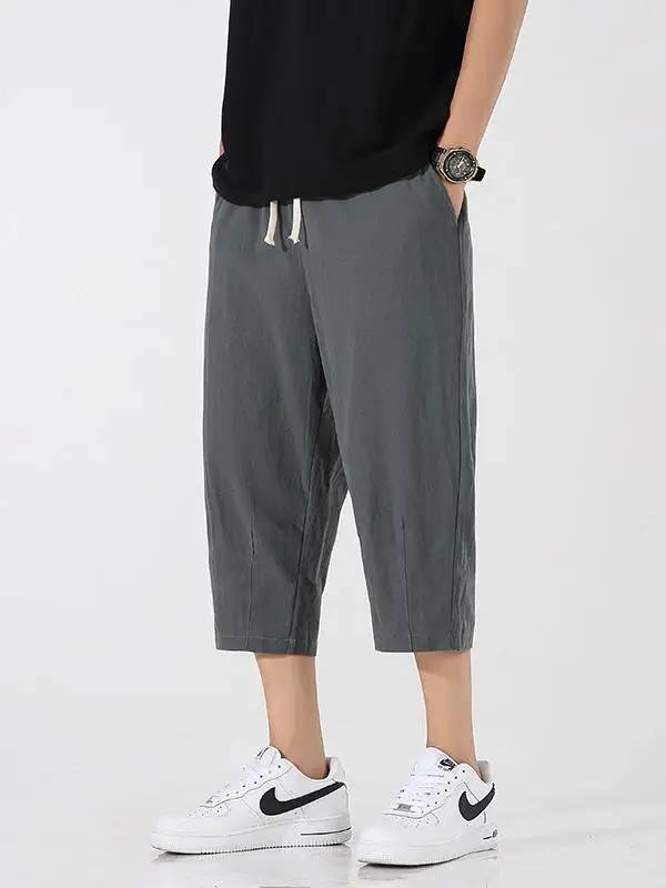 

Men's Summer Thin Loose Cotton Linen 7/8 Length Pants Casual Harajuku Sle Straight Leg mid Waist Youth Faion Trend