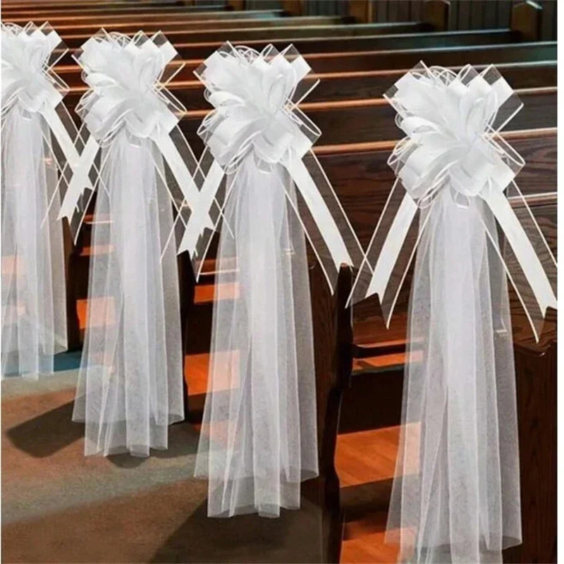 

20pcs White Tulle Bow Wedding Aisle Car Decoration Chair Back Flower For Bride And Wedding Party Elegant Romantic Atmosphere