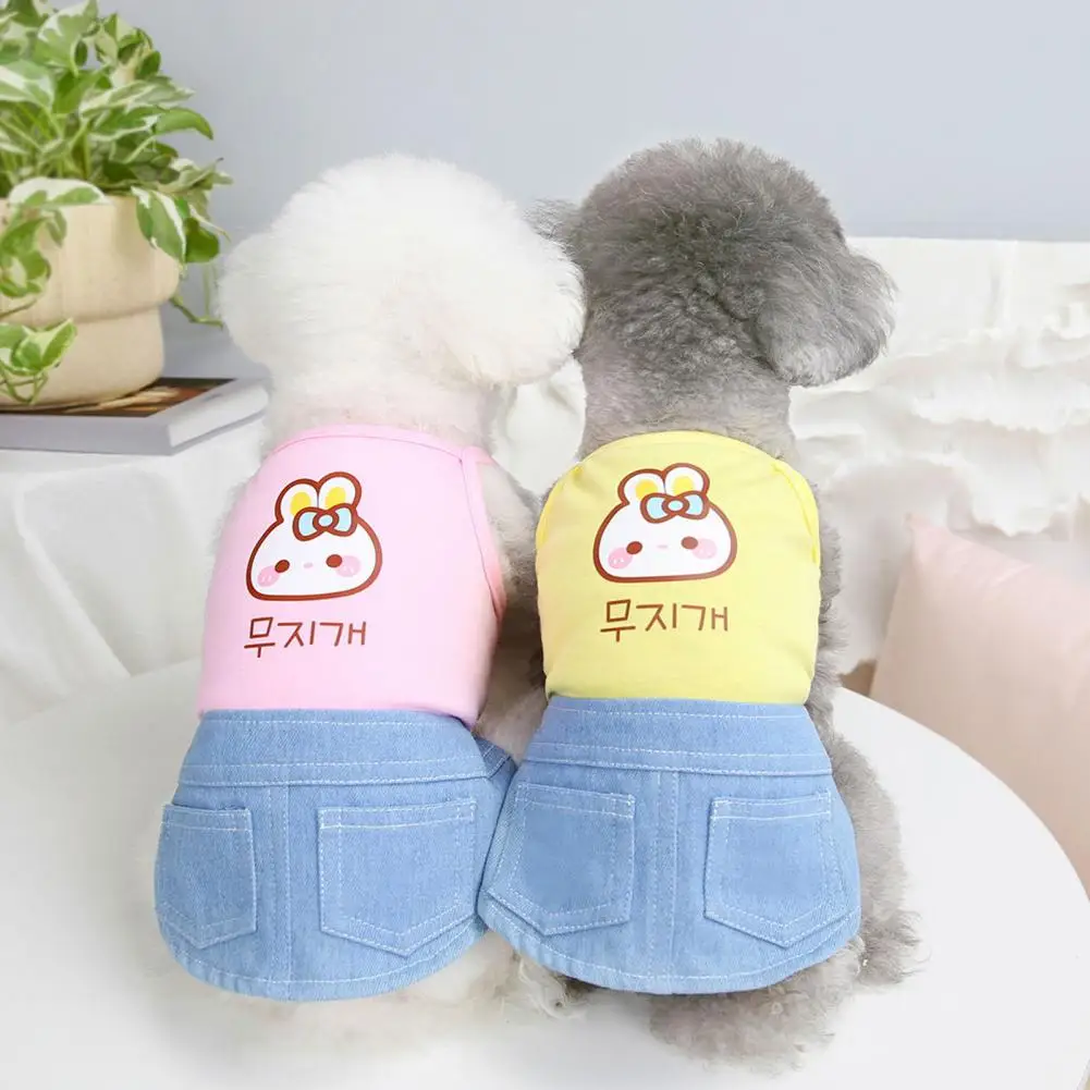 Dog Dress Breathable Double Pockets Pet Dress Letter Print Cartoon Pattern Puppy Dress Elastic Spring Summer Pet Clothes