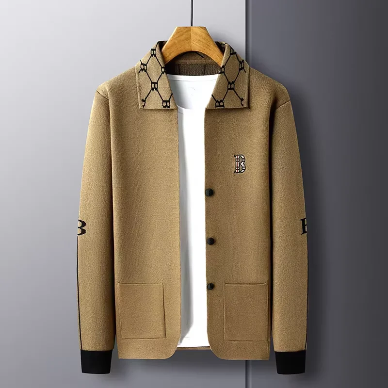 High end brand long sleeved men\'s lapel knitted cardigan autumn winter fashion B letter embroidery design casual  sweater  coat