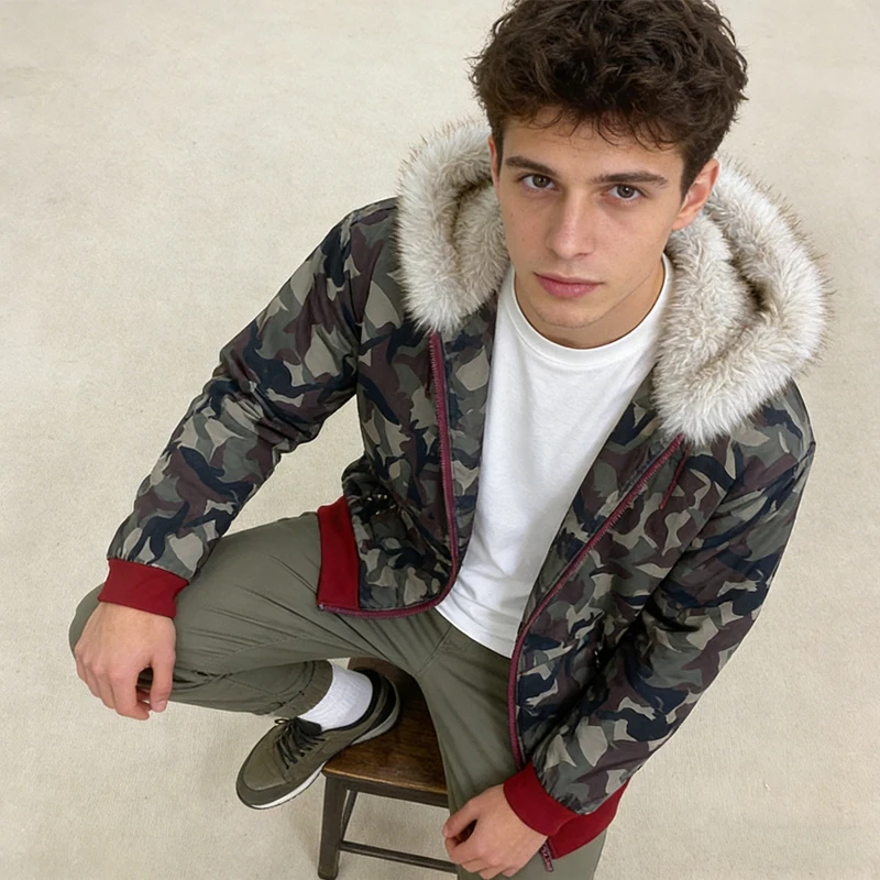 26 new autumn and winter camouflage fur collar hooded sweatshirt zipper fashionable casual top men's and women's outerwear