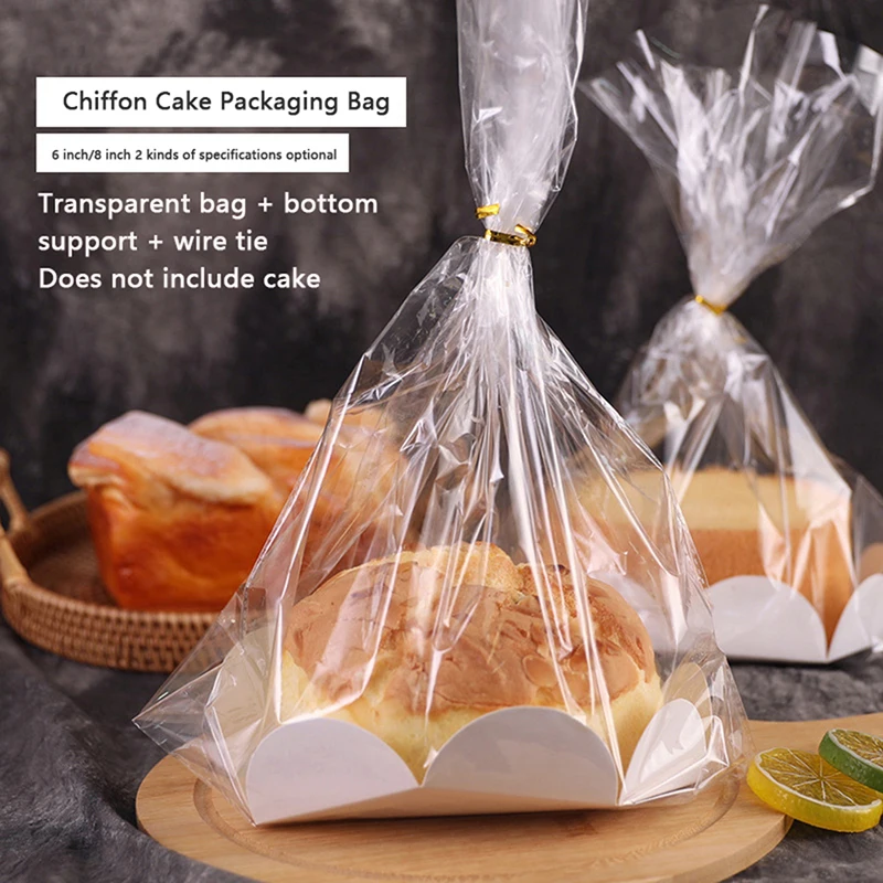 10set Chiffon Cake Bread Packing Bags With Paper Tray Toast Dessert Baking Bakery Party Food Transparent Wrapping Bag