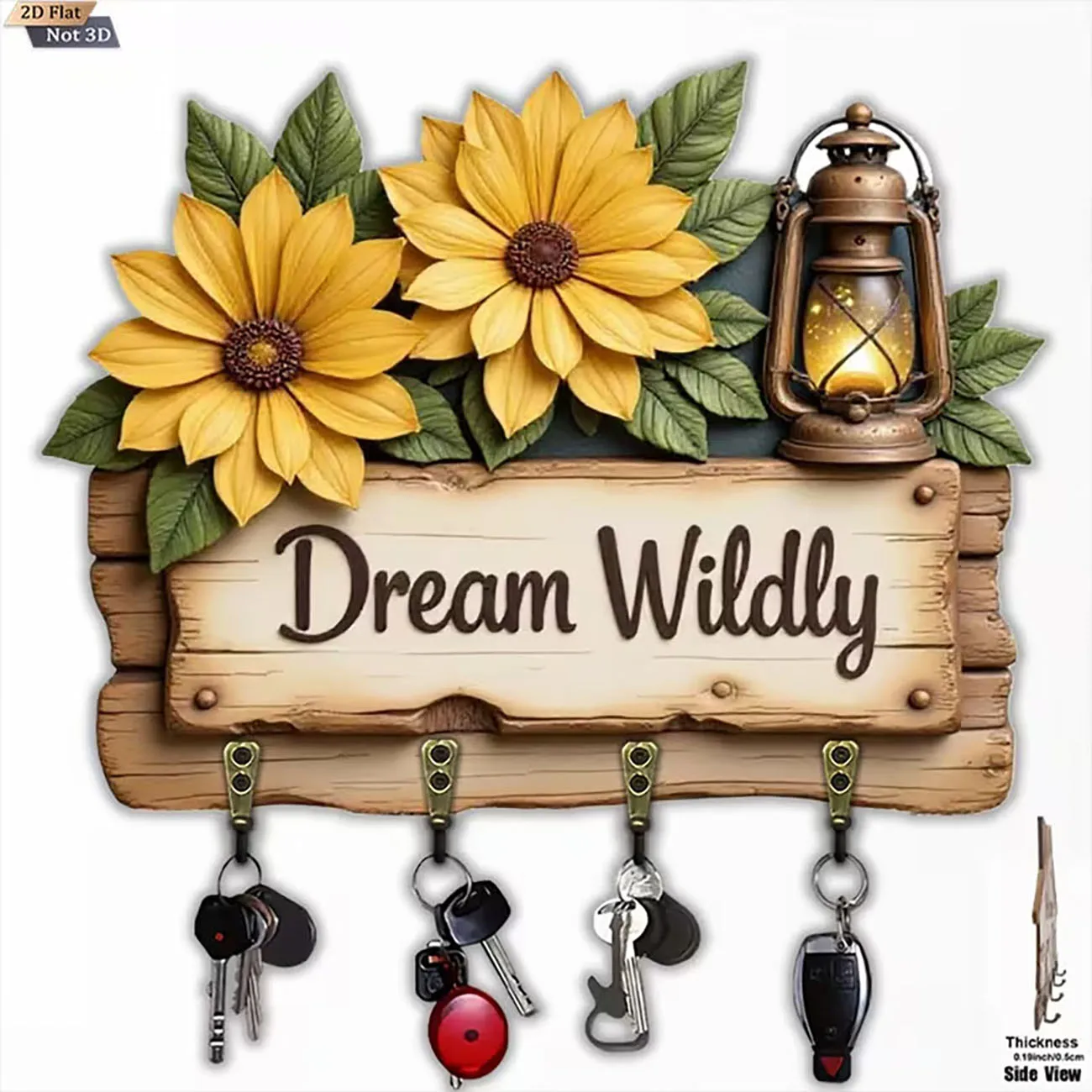 2D flat wood key rack printed with sunflower lantern and Dream Wildly words, 4 hooks, rustic warm entryway wall decor