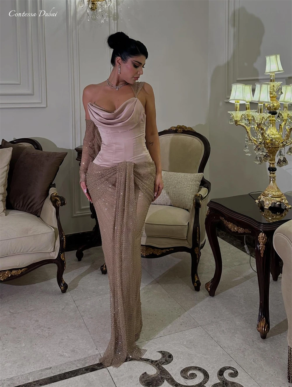 

Вечернее платье Contessa Custom с одним открытым плечом, сексуальное, с корсетным лифом, роскошное, блестящее, с элегантными рукавами, для выпускного вечера, 2026