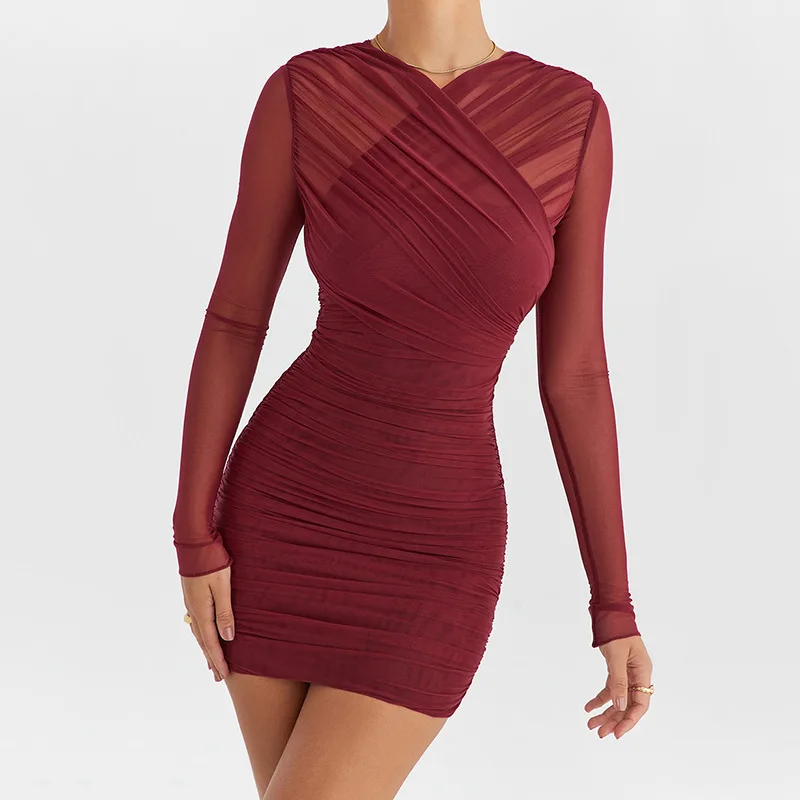 Women's Sheer Mesh Long Sleeve Fashion New Sexy Hot Girl Pleated Bodycon Dress Autumn