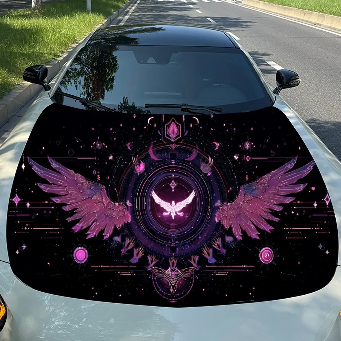 

Neon Mechanical Wings & Dove Totem Car Vinyl Wrap, PVC Material Waterproof Car Hood Sticker, Self-Adhesive Scratch-Resistant Sti