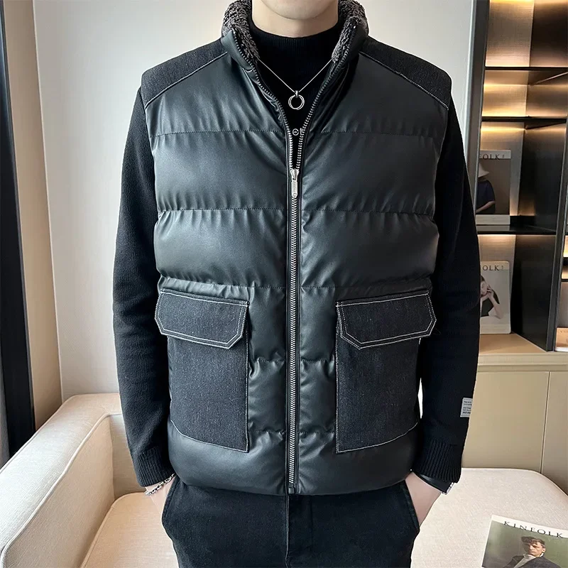 

2024 Men's Vintage Stand Collar Warm PU Leather Waistcoat Winter Loose Thick Big Pocket Leather Vest