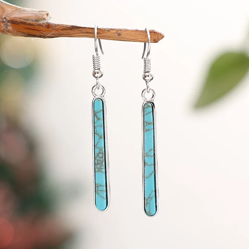 1 Pairs Long Vertical Bar Turquoise Dangle Earrings, Silver Metal Frame Natural Texture Western Drop Hook Earrings for Women