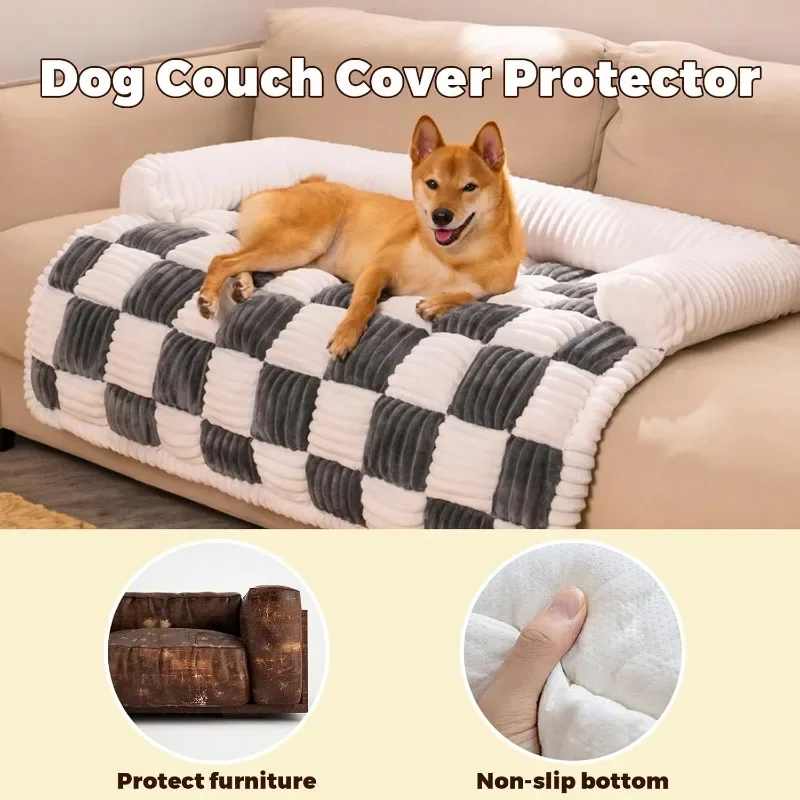 Cream Square Plaid Cozy Dog Mat Furniture Protector Cover Pet Couch Cover Luxury Dog Sofa Protector