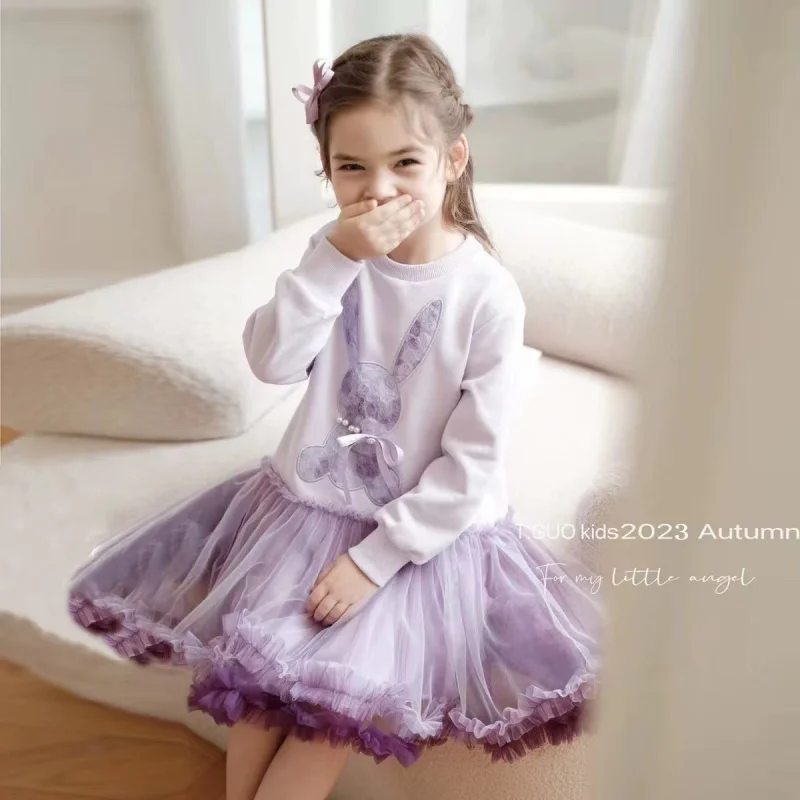 

Girls' Autumn Dress2025Autumn New Princess Style Long Sleeve Sweatshirt Cartoon Rabbit Mesh Dress