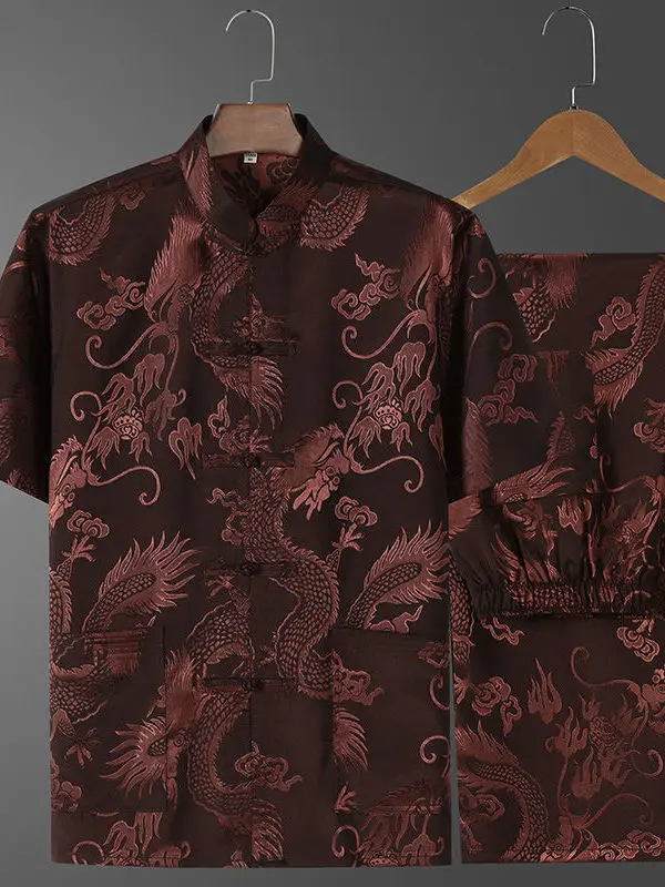 Abito Tang retrò modello drago di seta cinese Kung Fu Tai Chi abbigliamento Hanfu Fu Cheongsam da uomo con camicia tascabile camicia fondo