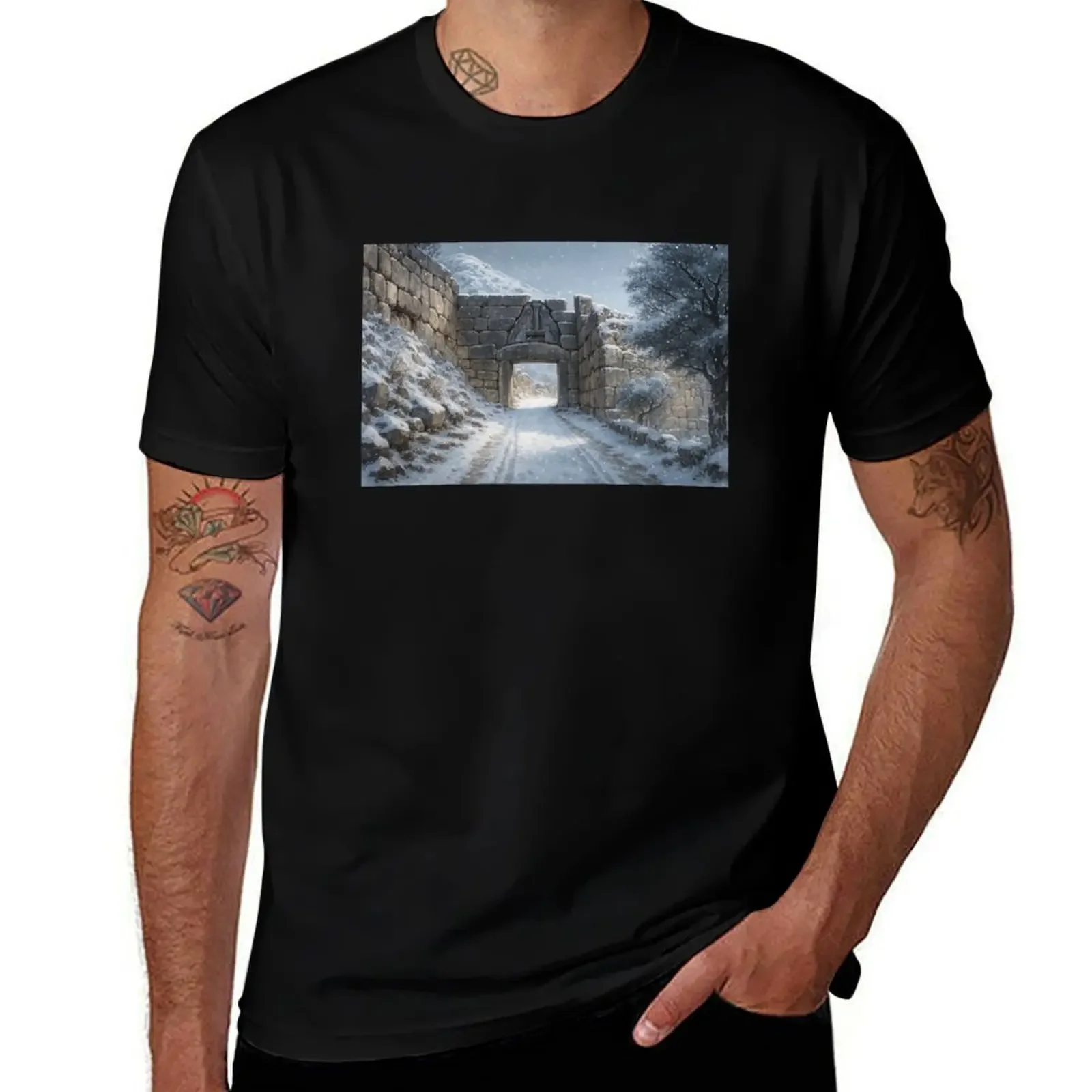 

The Mycenae Lion Gate in Winter T-Shirt custom shirt graphic shirts vintage clothes baggy shirts men workout shirt