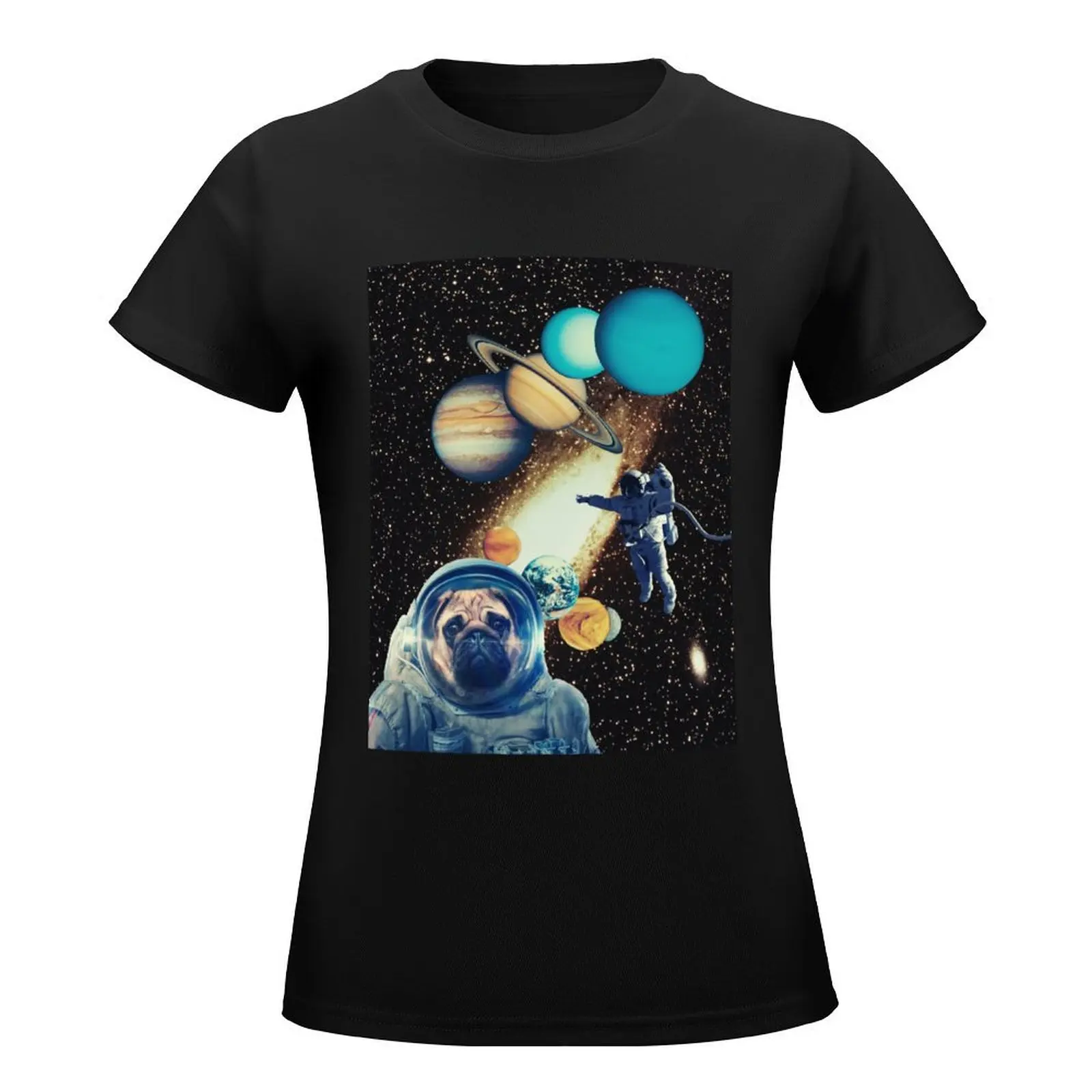 Space pug // dog in space retro futurism collage artwork T-Shirt Short sleeve tee Aesthetic clothing Woman fashion