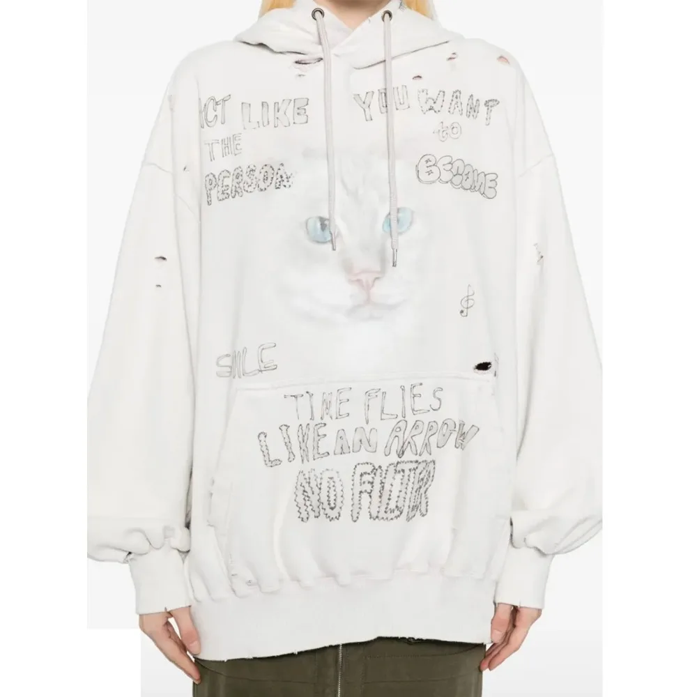 25SS MMY MIHARA Japanese Style Washed Water Distressed Cat Hooded Sweatshirt Print for Men