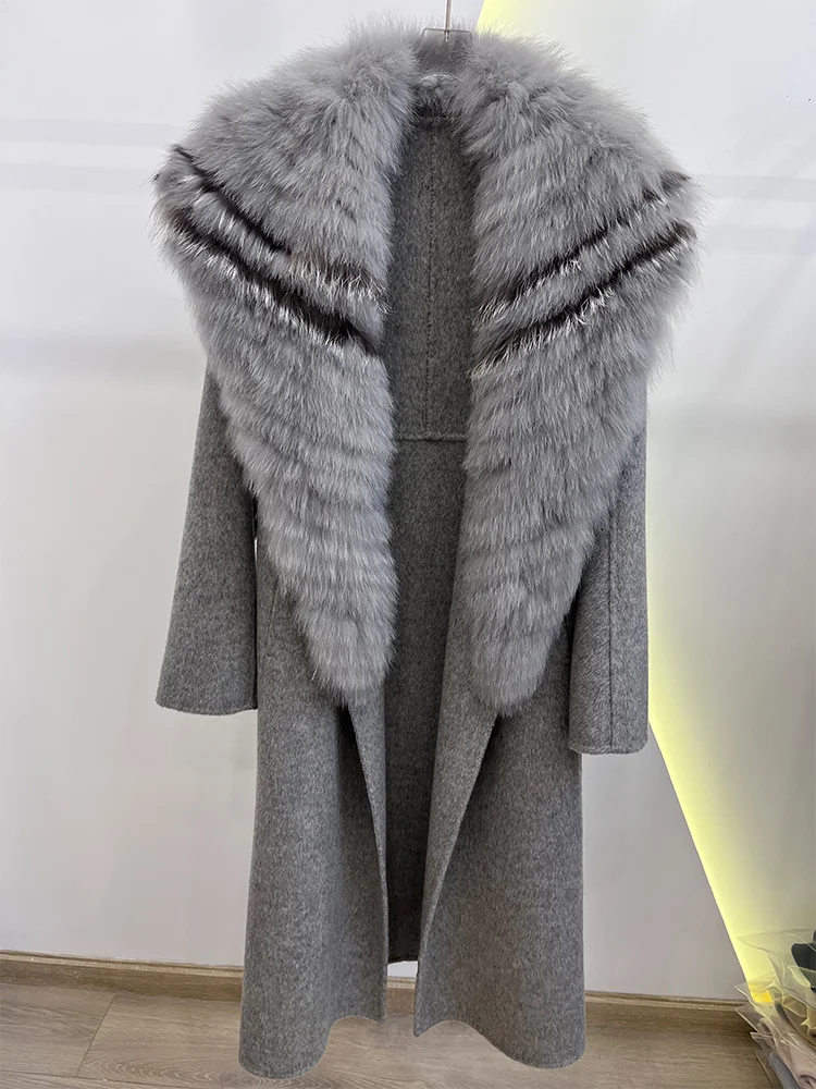 2025 mode hiver longue femmes laine cachemire mélangé manteau grand réel argent col de fourrure de renard veste de luxe avec ceinture vêtements d'extérieur