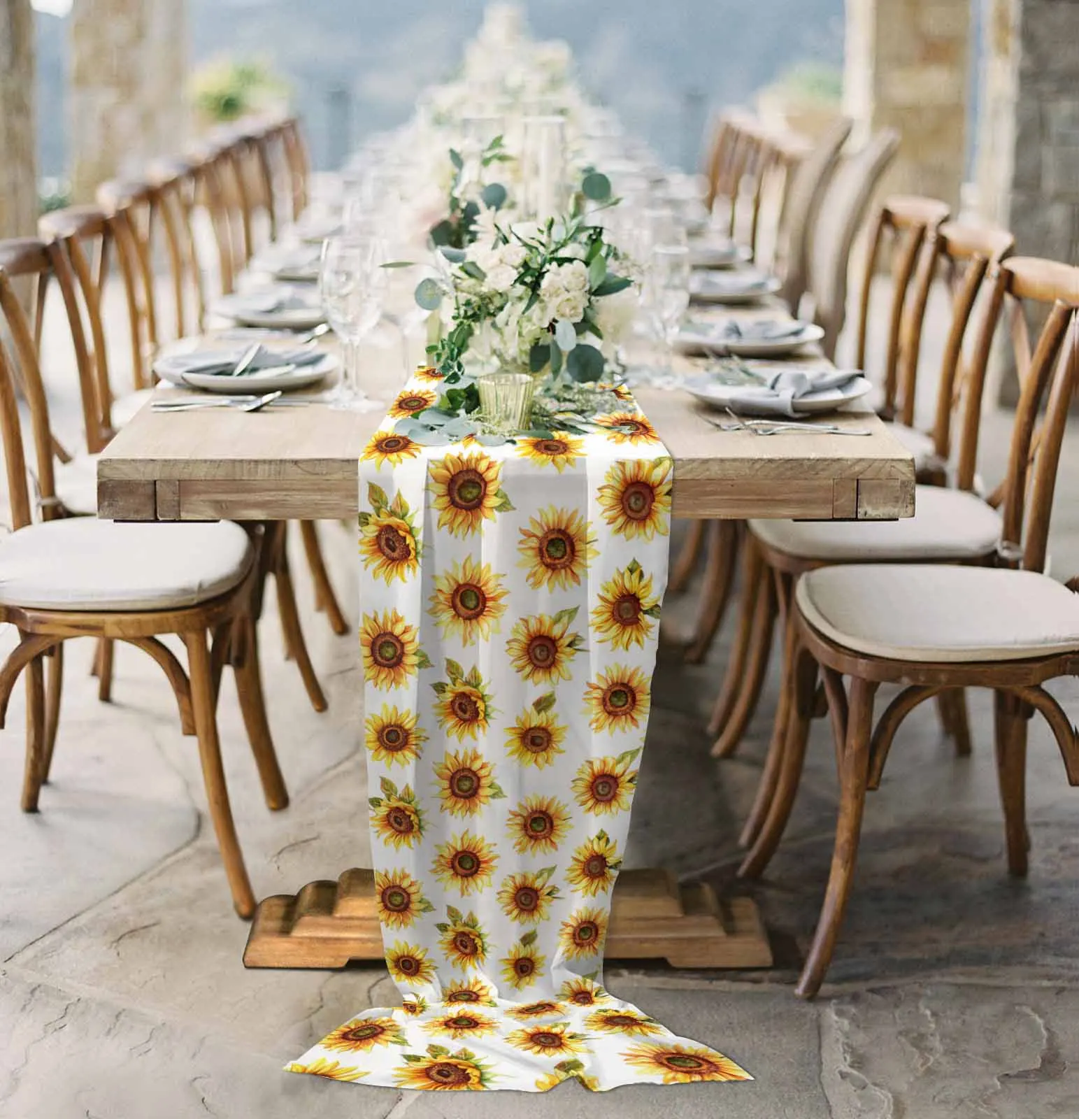 

Simple Watercolor Bright Sunflower Sheer Chiffon Table Runner Wedding Party Birthday Tulle Voile Tablecloth