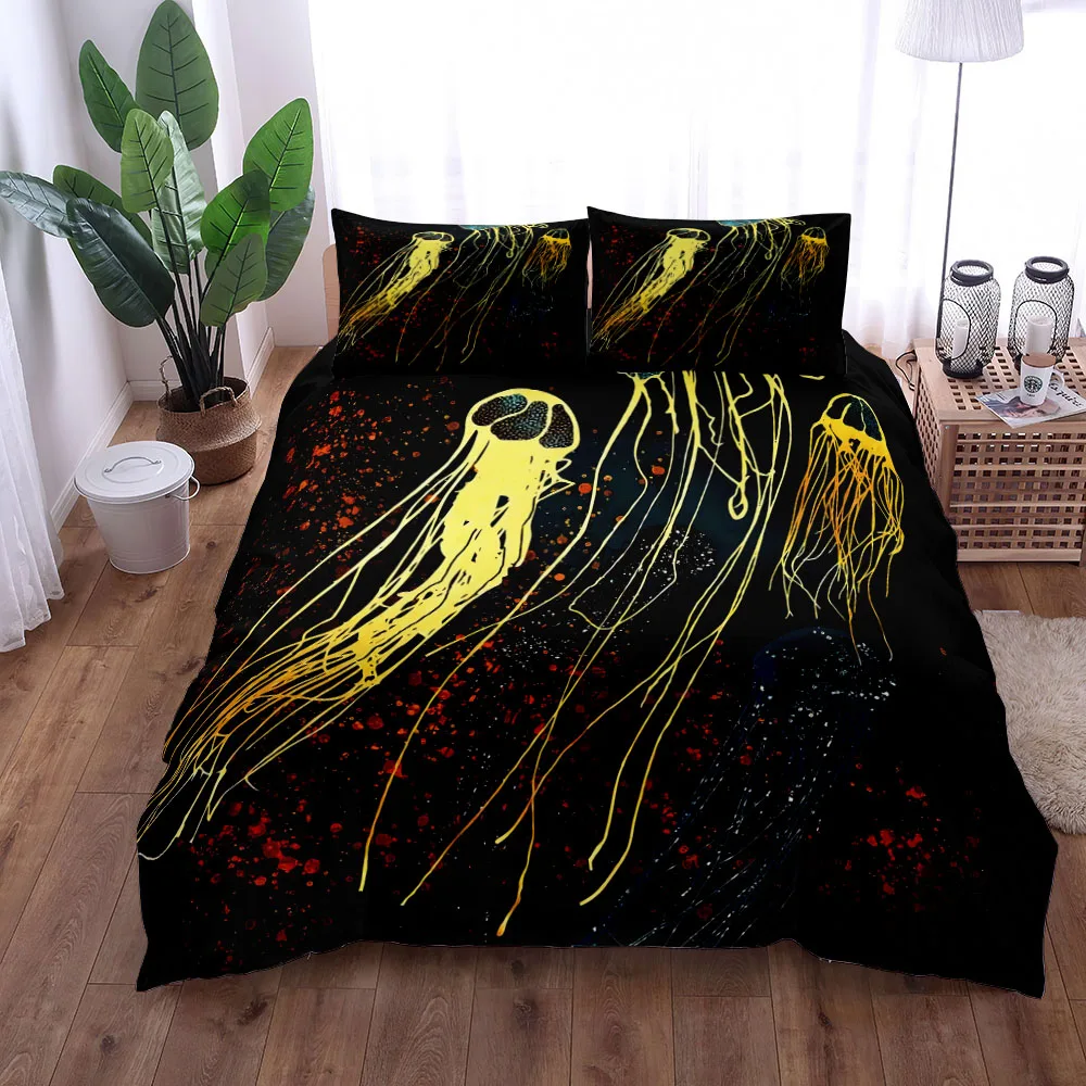 Imagem -02 - Golden Jellyfish Forest Conjunto de Cama Linho Rei Rainha Casal Completo Twin Cama de Solteiro