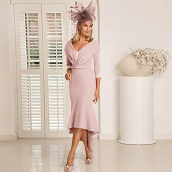 Pale Pink Wedding Guest Gowns for Women V Neck Off the Shoulder Mor of  Bride Dress Midi Hi-Lo 3/4 Sleeves Party Dresses