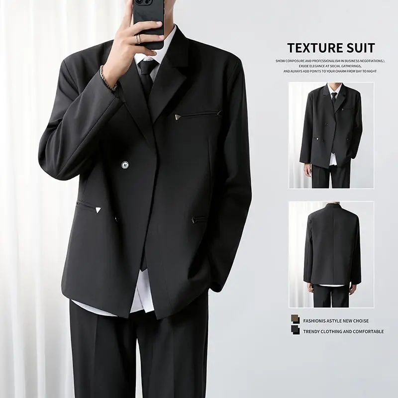 

Casual Single-Breasted Men's Suit Jacket Double Row Buttons Fashionable Urban Style Polyester Fiber Long Sleeve Autumn Wear