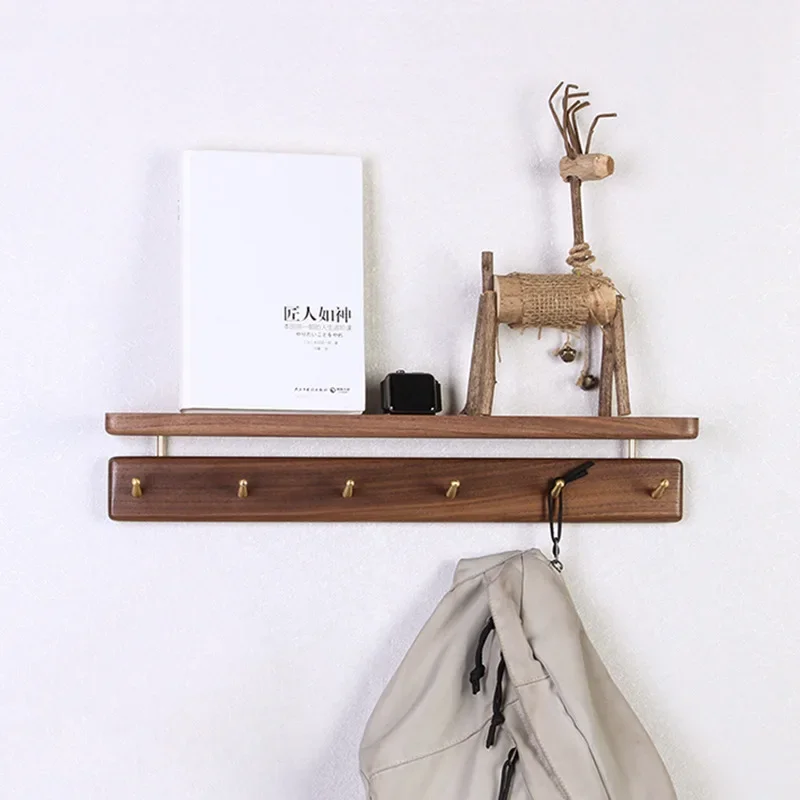 

Creative Porch Walnut Solid Wood Coat Rack with Sundry Storage Pure Copper Hooks, Wall Hanging Bags Coats Hanger Key Hook