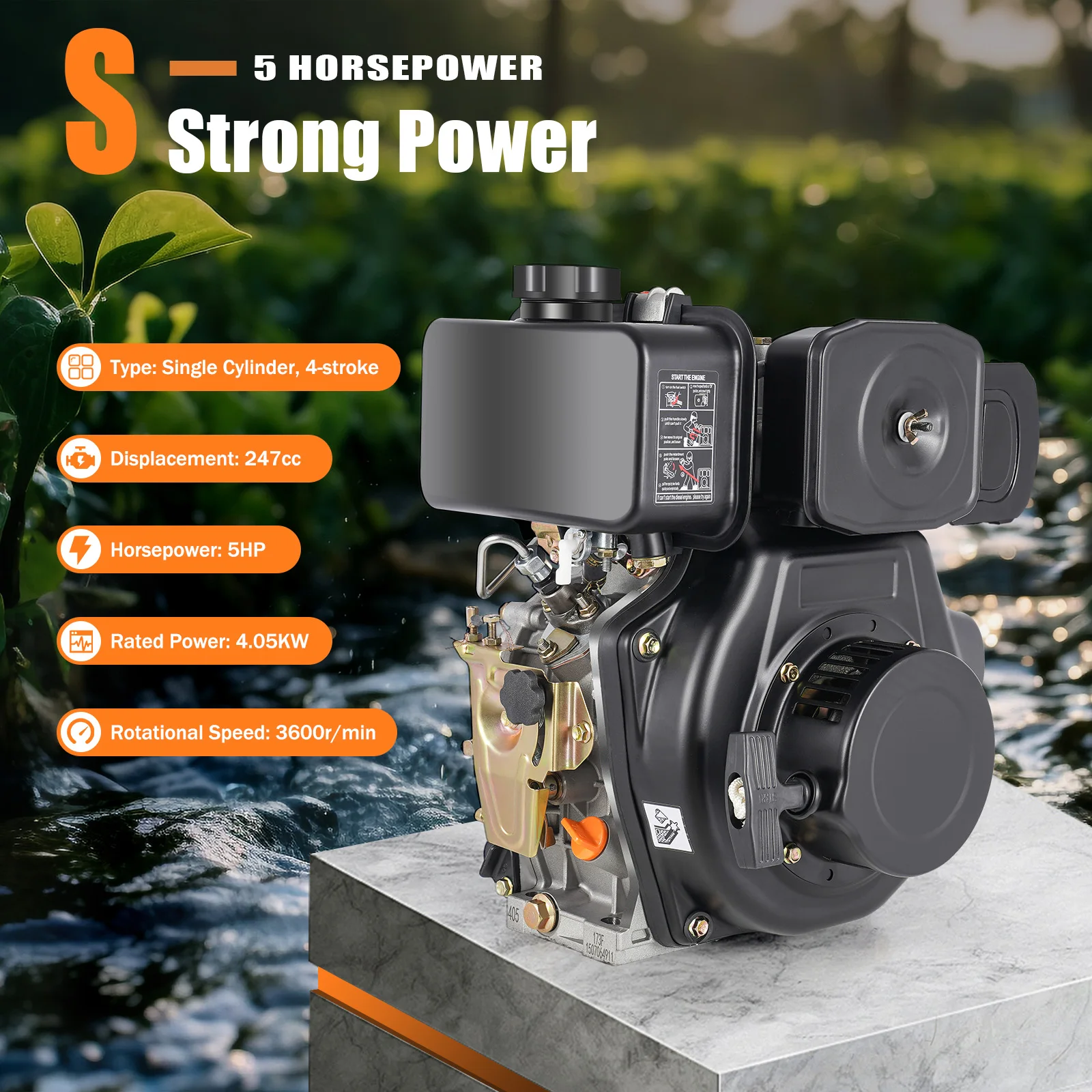 4.05KW Diesel Power Engine, 5HP 4 Stroke Diesel Motor, 247cc Displacement Single-Cylinder Air Cooling Direct Injection Motor for Grain Harvesters Hand Start