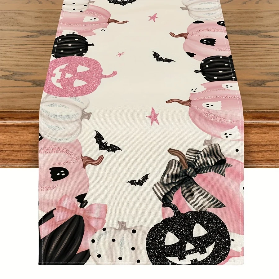 1 Stück, Rosa Jack-O-Lantern Kürbis-Fledermaus Halloween-Tischläufer, Festliche Küchen- und Esstischdekoration für drinnen und draußen