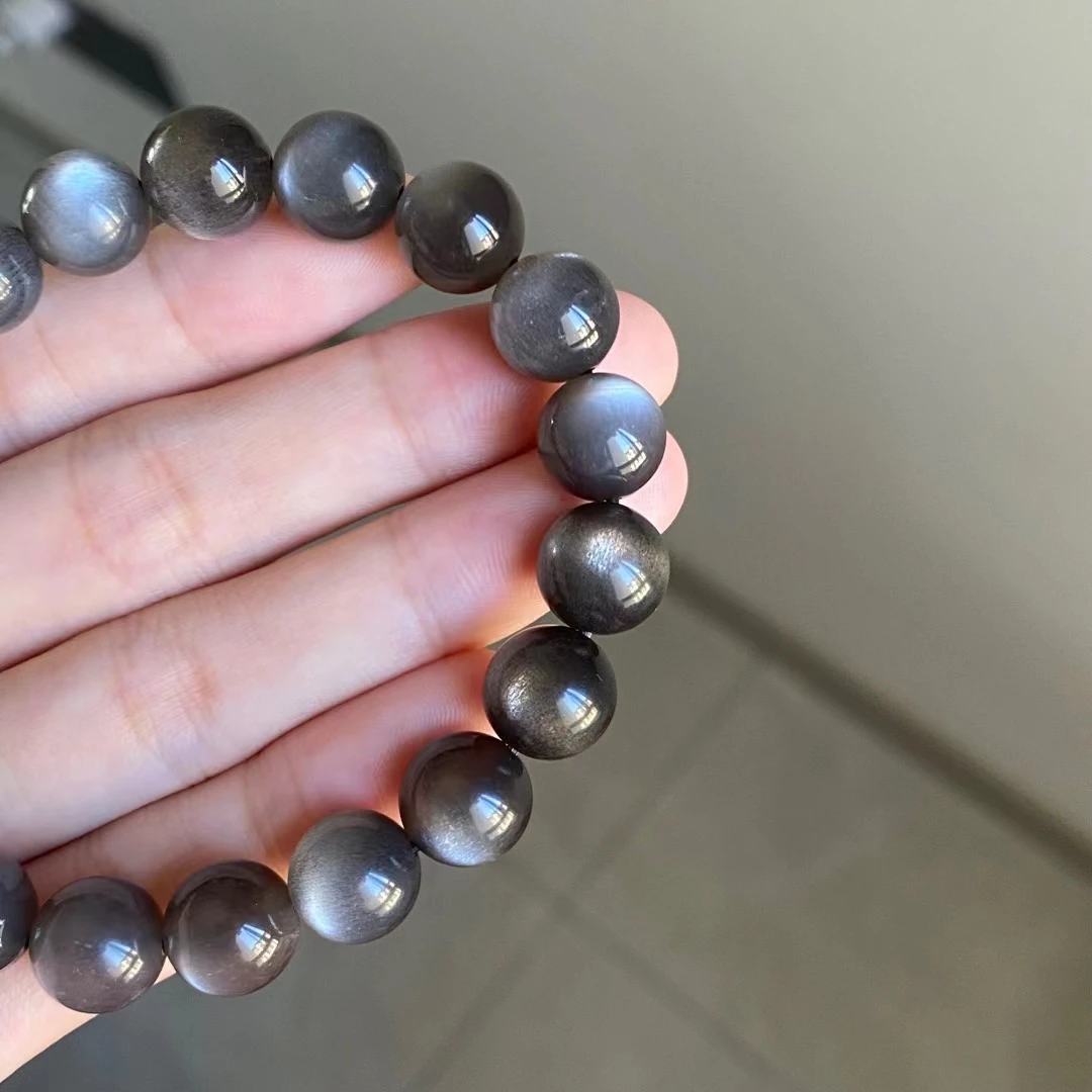 Natural Black Sunstone Moonstone Big Beads Bracelet Women Men 10.5mm Stretch Flash Light Crystal Clear Round Beads AAAAAA