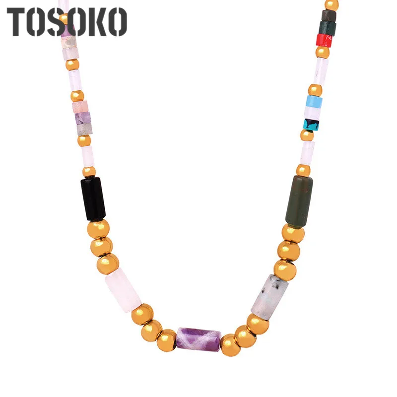 

TOSOKO Stainless Steel Jewelry Multi Color Textured Crystal Stone Handmade Beaded Titanium Steel Necklace BSP1746