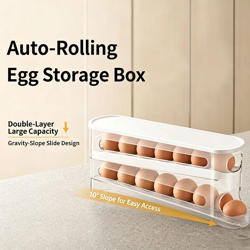 Bilayer Fridge Egg Storage Box Ladder Style Automatic Rolling Egg Holder Rack Kitchen Refrigerator Dispenser Egg Organizer