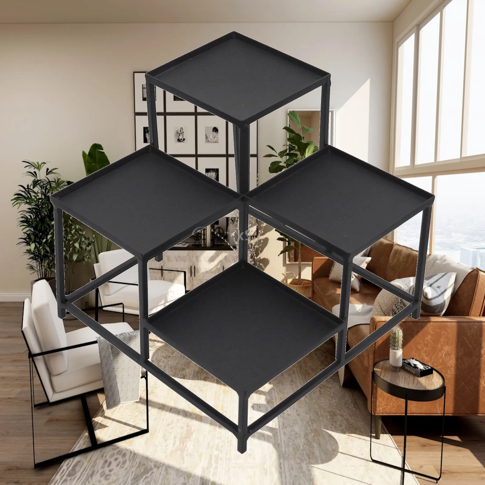 Black Iron Display Stand with Square Tray Platform Elevated Open-Frame Display Riser with Straight Legs Versatile for Collectors
