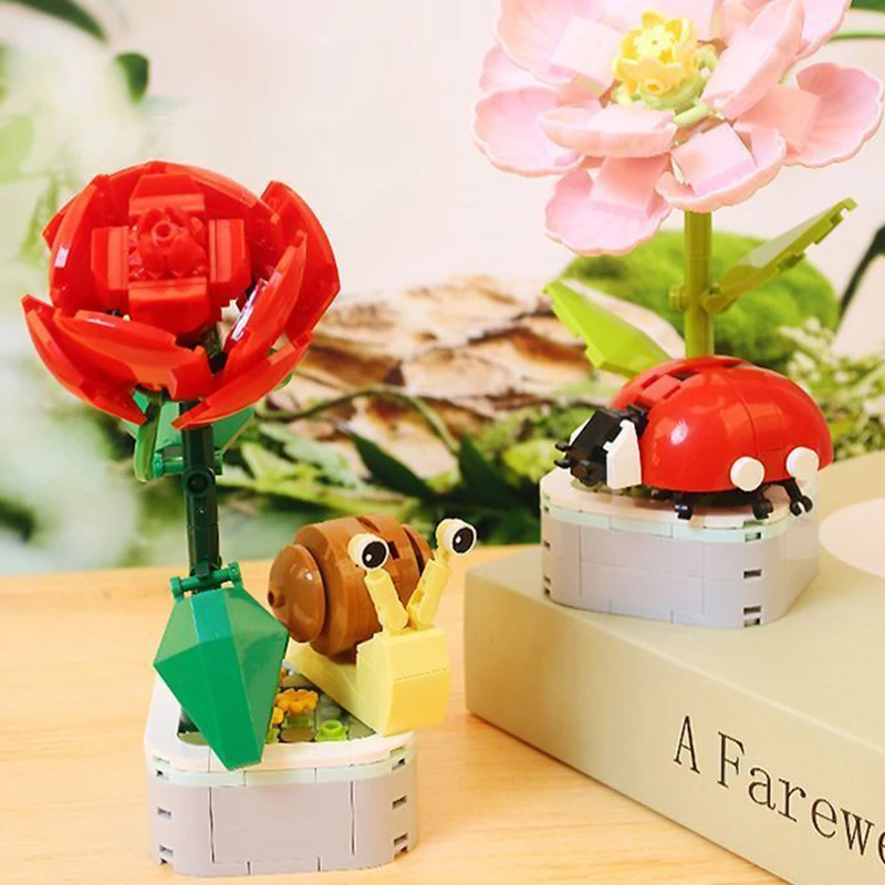 Building Block Flower Bouquet Perpetual Tulip  3D Model Home Decoration Plant Potted Assembly Bricks Valentine Kid Child Gifts