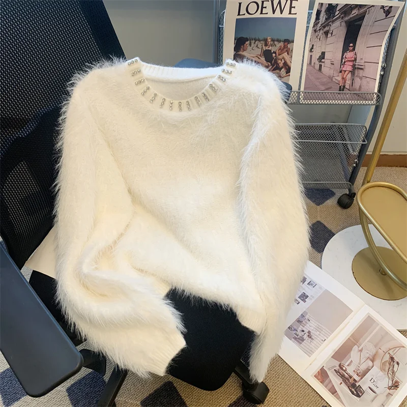 

2024 New Diamond O Neck Mink Mohair Sweater Women Soft Warm Wool Cashmere Knit Pullover Autumn Winter Loose Casual Y2k Knitwears