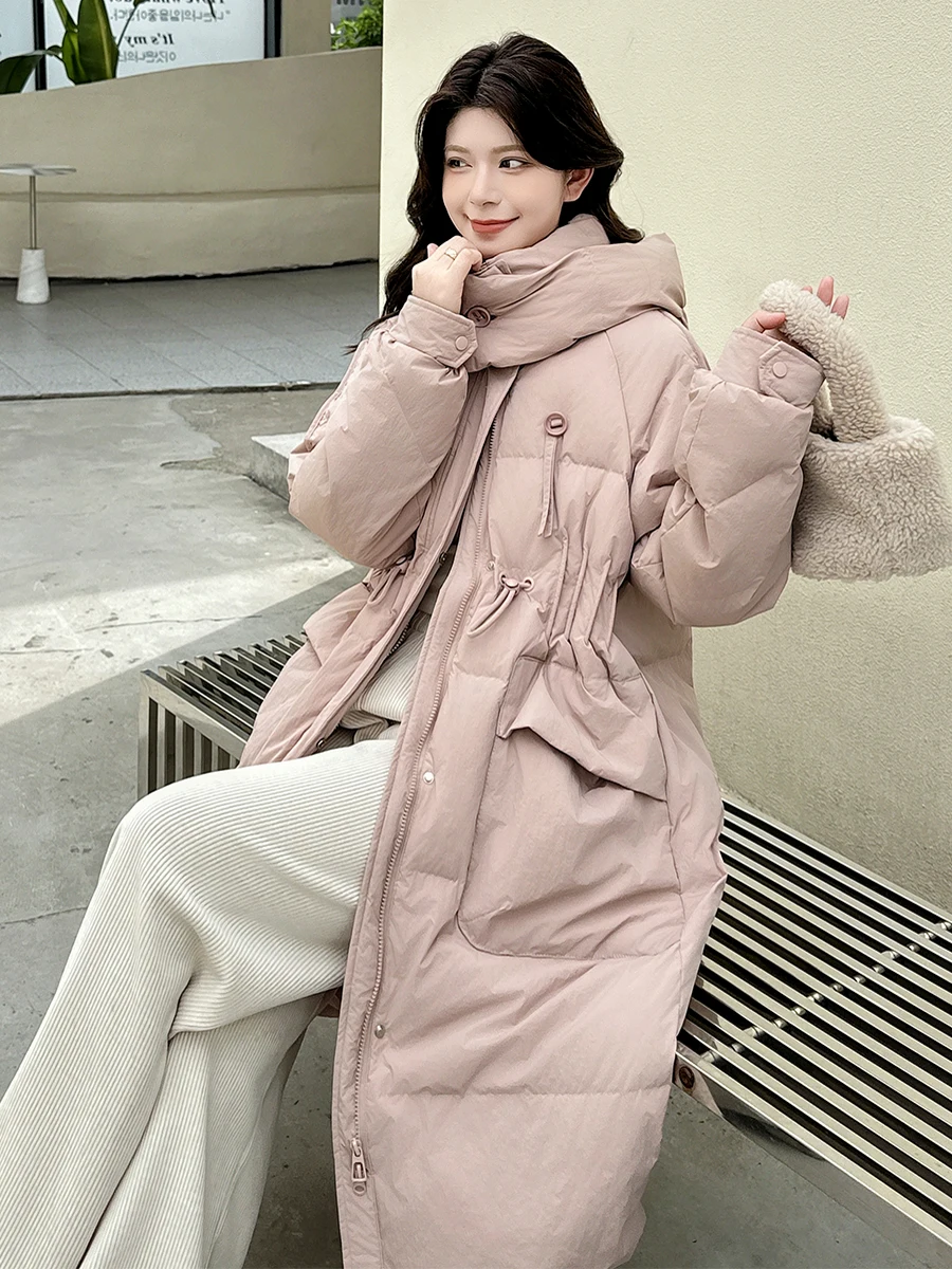 

Зимняя утепленная теплая длинная куртка с капюшоном из белого пуха для женщин: модный дизайн, верхняя одежда для города, ветрозащитная.