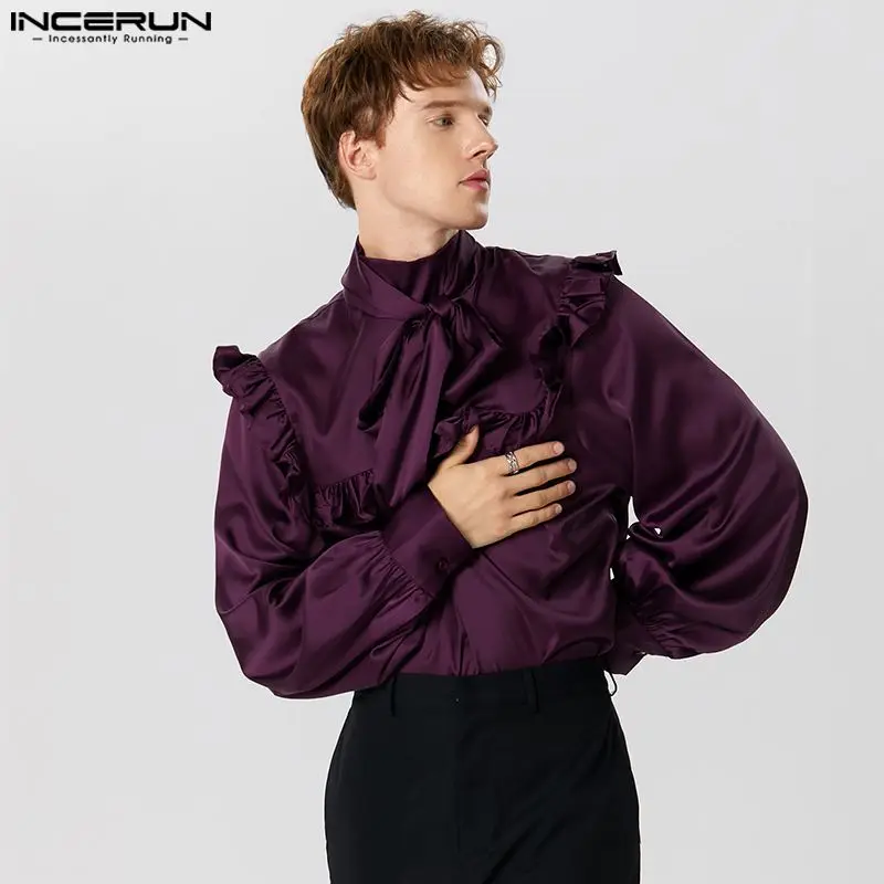 INCERUN Tops 2023 American Style New Men\'s Satin Tie Ruffle Design Shirts Casual Fashion Palace Style Long Sleeved Blouse S-5XL