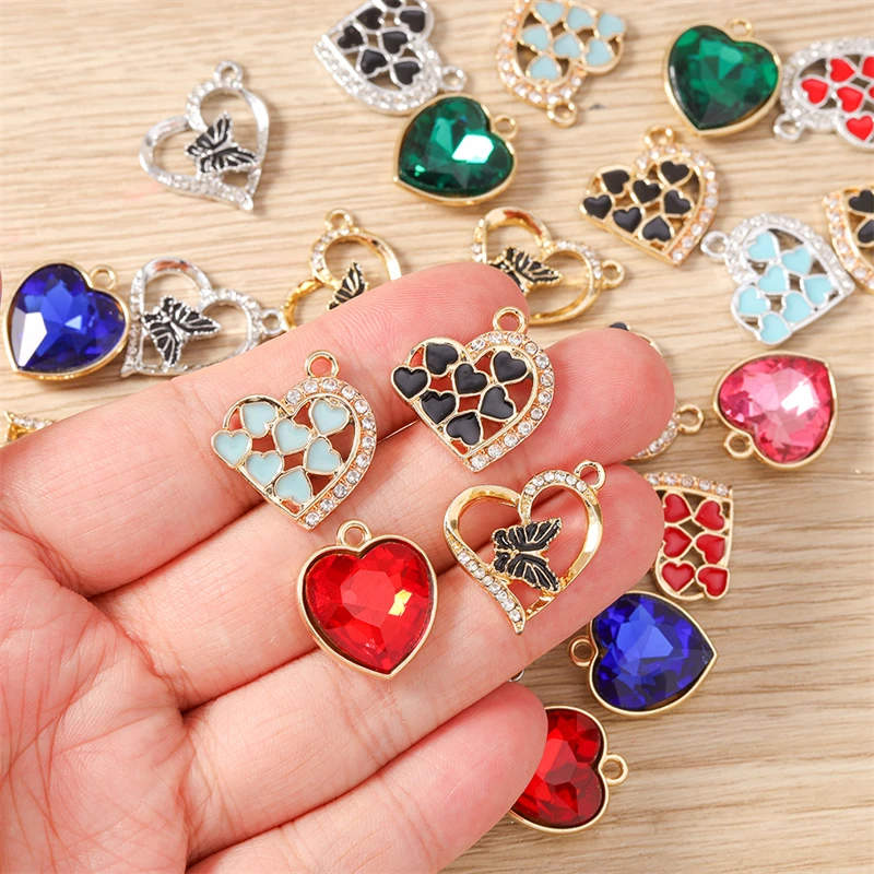 10 Stück niedliche, bunte Kristall-Metall-Herzanhänger zum Basteln von Halsketten, Ohrringen, DIY-Handarbeiten und Schmuckzubehör – Detail 2