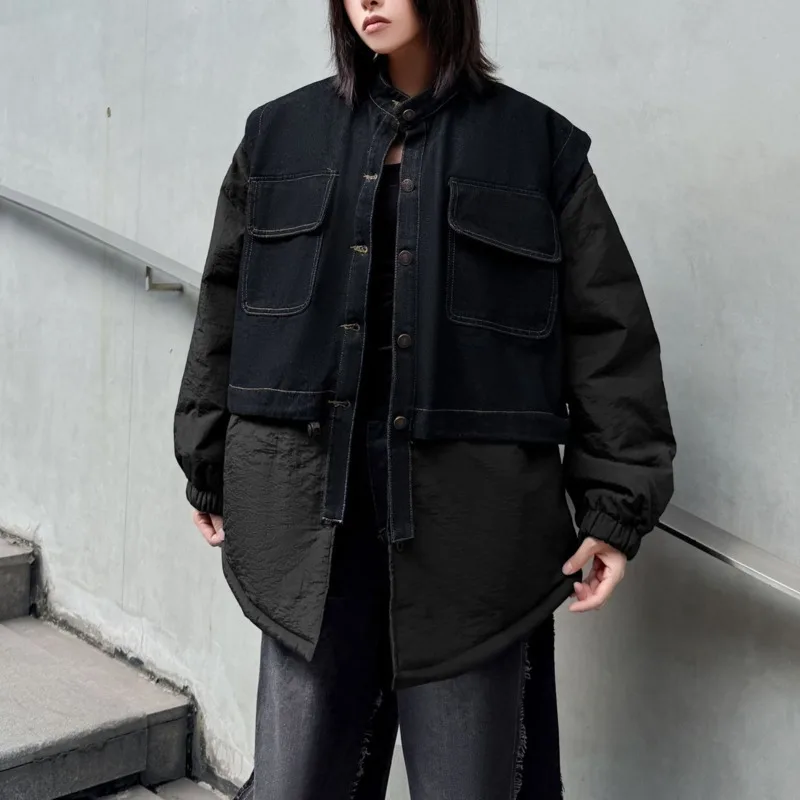 HKSH Autumn Winter New Women's Padded Coat Denim Patchwork Fake Two-Piece Pockets O-neck Single Breasted Y2K Warm Jacket HK14929