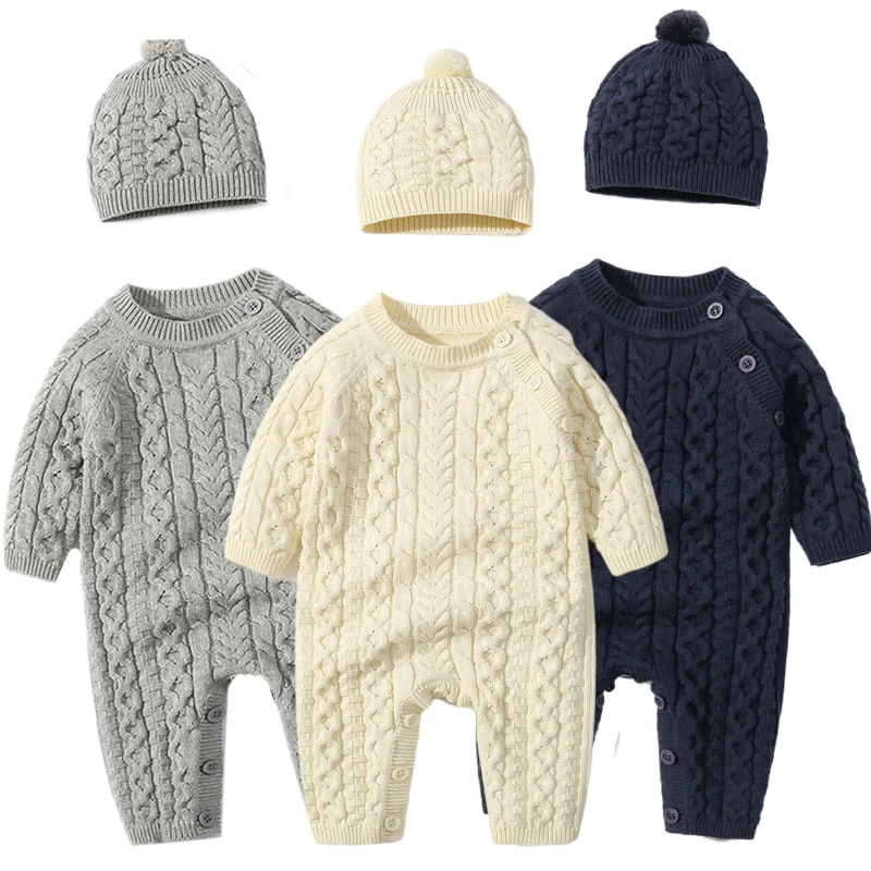 Autumn Newborn Girl Boy Knitted Jumpsuits Outfits Baby Rompers Caps Clothes Sets Winter Long Sleeve Toddler Infant Overalls 2pcs