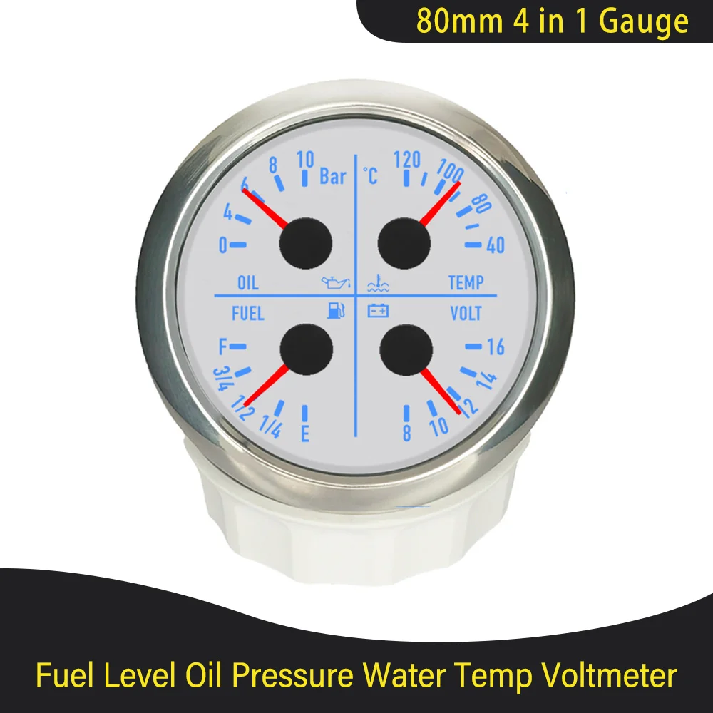 Waterproof 80mm 4 in 1 Multifunction Gauge Oil Pressure Water Temp Fuel Level Voltmeter with Backlight for Car Limousine 12V 24V